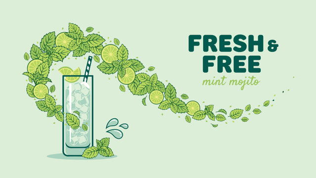 Mint mojito highball glass with flowing leaf ribbon &ndash; Perfect for cocktail lounge menus, summer beach party ads, or beverage branding.