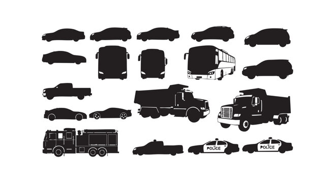 Commercial and emergency vehicle silhouette assortment including bus fire truck and police car models on white vector.