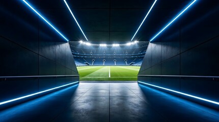 Fototapeta premium Modern stadium corridor with reflective floor and blue light for sports tournament promotion design