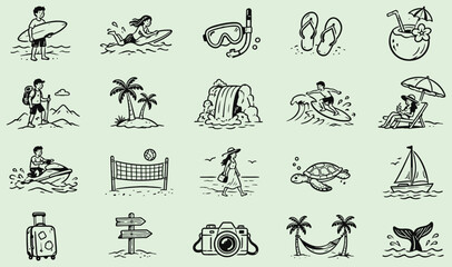 Naklejka premium Summer vacation doodle icon collection featuring surfing, hiking, snorkeling, sailing, beach relaxation, tropical islands, and travel essentials. Hand drawn vector set perfect for tourism, holiday bra