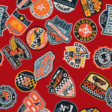 Cute kids racing team stickers badges patchwork vector seamless pattern for children wear fabric t shirt sweatshirt pajamas
