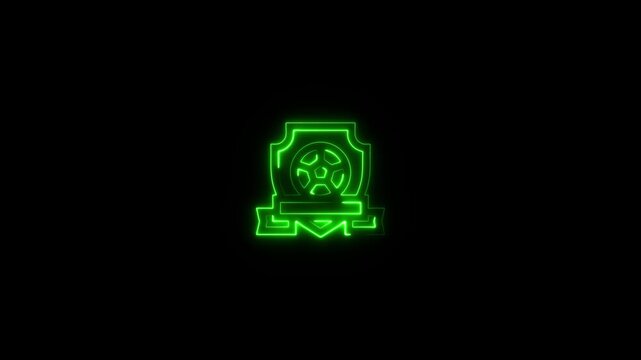 Neon glowing soccer ball emblem icon on black background, football championship logo, sports club badge, vector illustration