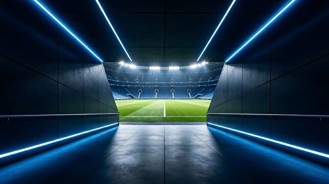 Modern stadium corridor with reflective floor and blue light for sports tournament promotion design