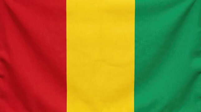 A close-up of a Guinea flag with vertical stripes of red, yellow, and green, showing fabric texture