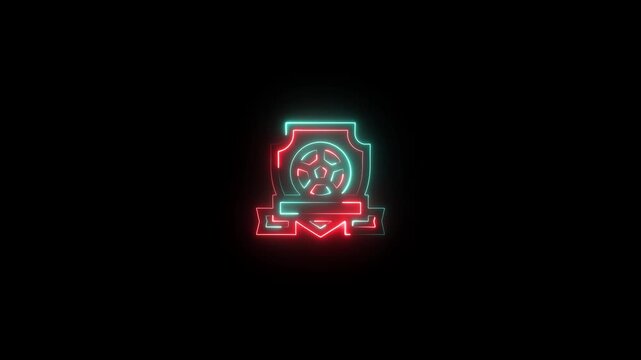 Neon glowing soccer ball trophy icon with ribbon banner isolated on black background