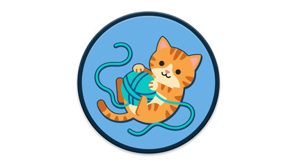 Fototapeta premium Adorable orange kitten playing with a blue yarn ball.