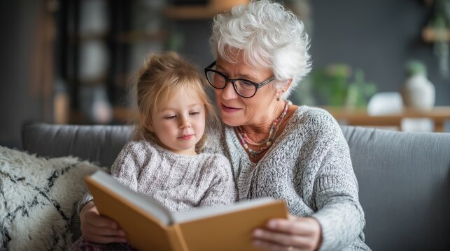 A Caucasian grandmother with gray hair and glasses reads a book with her young blonde granddaughter on a cozy sofa at home, sharing a warm intergenerational bonding moment.