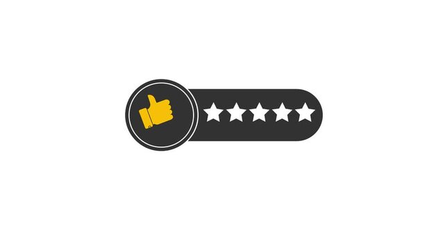 A black and yellow icon of a thumbs up with five white stars on a white background animation 4k stock video