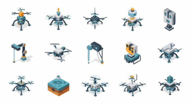 Collection of isometric drones and robotic devices for various purposes.