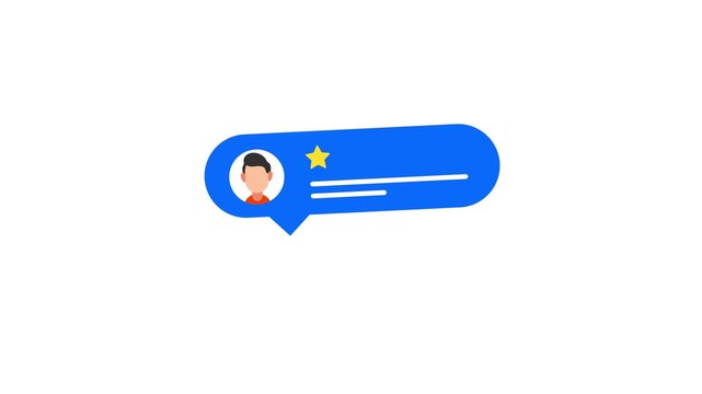 Blue speech bubble with a persons profile and a yellow star rating icon vector animation 4k stock video