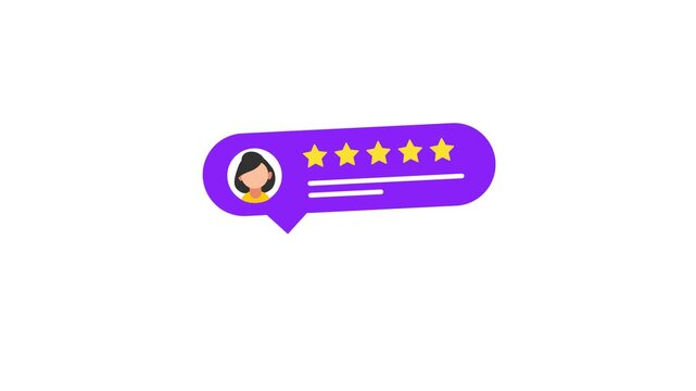 Vector illustration of a purple speech bubble with a fivestar rating and a cartoon womans face animation 4k stock video