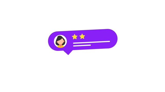 A purple speech bubble with a womans avatar and two yellow stars rating animation 4k stock video
