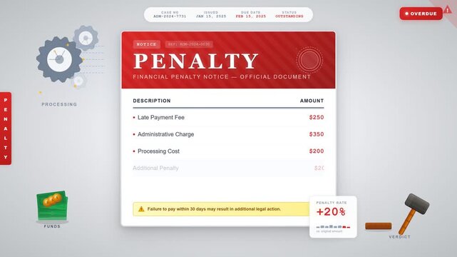 A clean flat-style motion graphics animation showing an official financial penalty document updating in real-time.