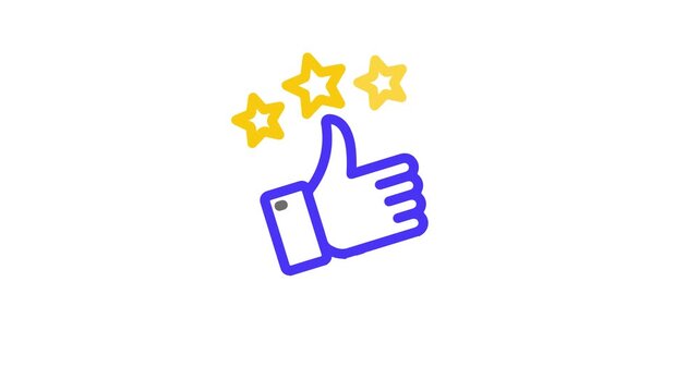 A blue thumbs up icon with three yellow stars above it on a white background animation 4k stock video