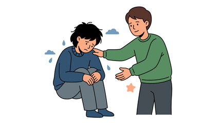Man comforting a sad friend sitting on the ground