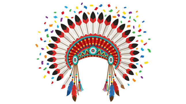Colorful Native American feather war bonnet illustration with confetti.