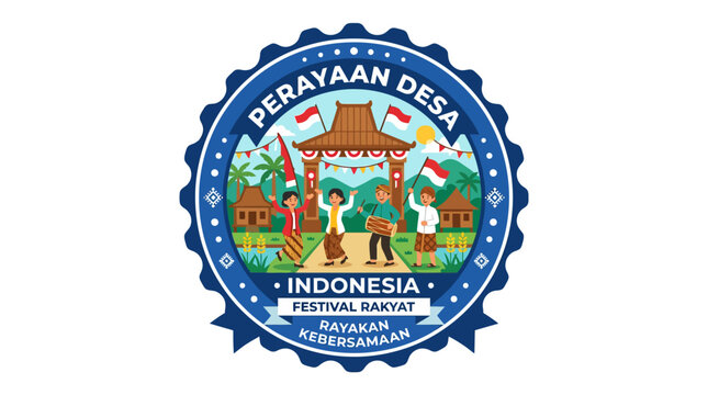 Indonesian village celebration badge with traditional cultural elements.