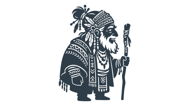 Traditional Native American shaman figure holding a staff.