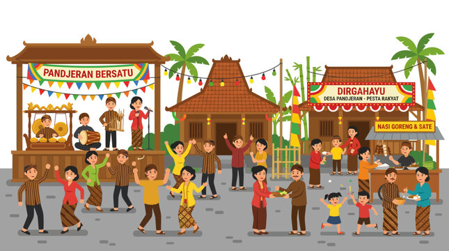 People celebrating Indonesian cultural festival at traditional village.