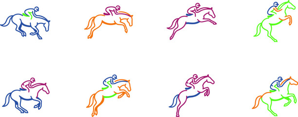 Fototapeta premium Equestrian Show Jumping Horse and Rider Vector Set with Colorful Flat Style Poses for Sport and Competition Design