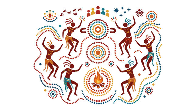 Traditional aboriginal style art featuring dancing figures and campfire.