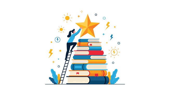 Young woman climbing ladder on stack of giant books to reach shining golden star, symbolizing educational success.