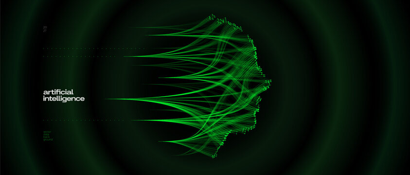Abstract digital representation of artificial intelligence, visualizing a human profile formed by green glowing lines on a dark, circular background. The imagery conveys concepts of data.
