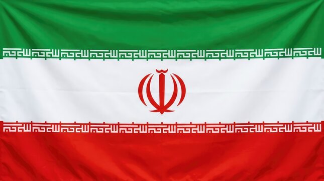 Close-up of the national flag of Iran, showing the green, white, and red horizontal stripes with the emblem and inscription
