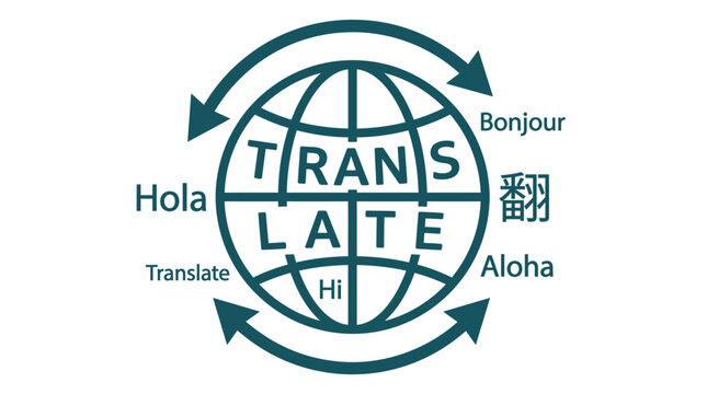 Global language translation icon with globe and multilingual greetings.