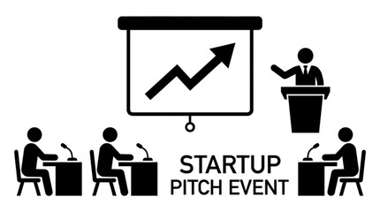 Fototapeta premium business people iconStartup pitch event with presenter and panel discussion at desks with microphones