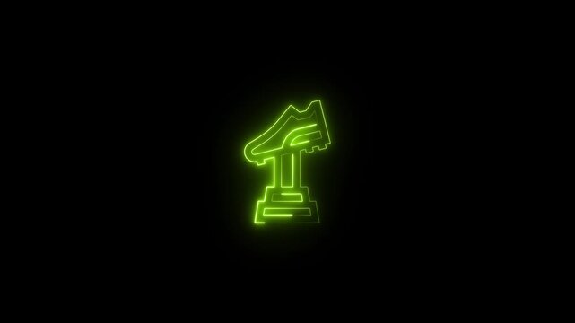 Neon glowing icon of a soccer shoe trophy on a black background