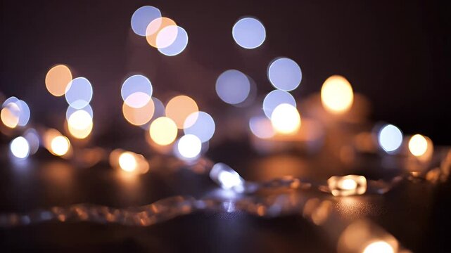 Soft, warm bokeh fairy lights along a reflective surface create a dreamy nighttime festive ambiance