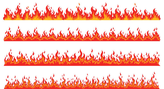 Four styles of cartoon red fire borders and flame elements, suitable for game design, banners, or warning signs.