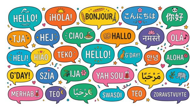 Multilingual Hello speech bubbles in many different languages.