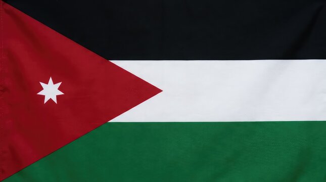 The flag of Jordan, featuring black, white, and green horizontal stripes with a red triangle at the hoist side containing a white seven-pointed star