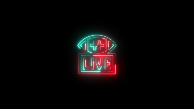 Neon sign with an eye icon and the word live, glowing light effect on a black background