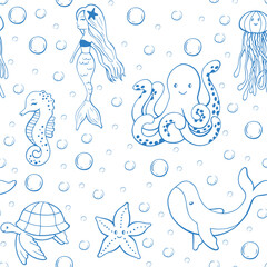 Cute baby sea animals and mermaid vector doodle hand drawn pattern illustrations. Whimsical nursery and kids design in sketch style. Vintage charming print for wallpaper, wrapping paper and fabric © Victoriyad