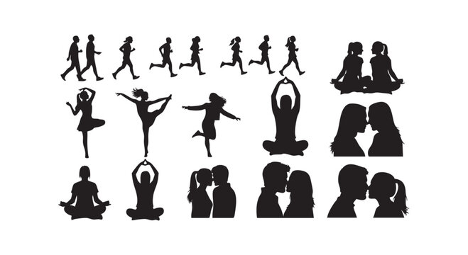 Couple silhouettes and dancing figures alongside yoga poses representing relationships and individual expression.