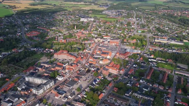 A panorama aerial view of the city Aars in Denmark on a sunny afternoon in summer.