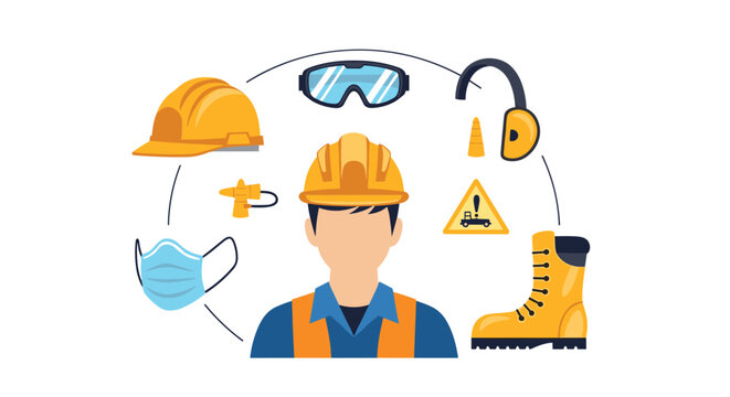 Professional construction worker surrounded by essential personal protective equipment icons for safety first concept.