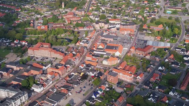 A panorama aerial view of the city Aars in Denmark on a sunny afternoon in summer.