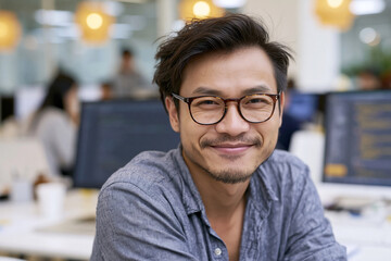 Fototapeta premium Smiling man with glasses in modern office setting. Soft lighting highlights friendly, approachable expression. Background shows blurred coworkers and computer screens. Ideal for business, tech