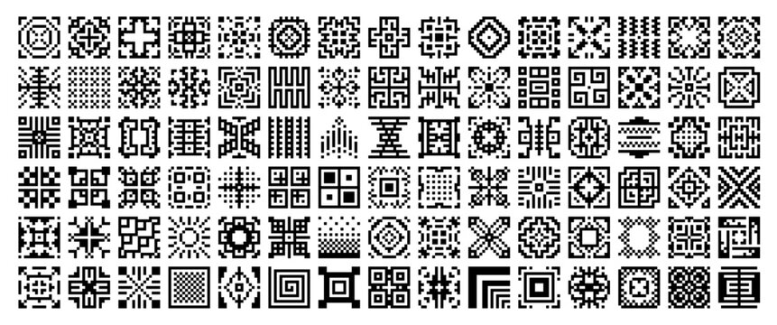 8 bit pixel elements set of retro game UI. Vector pixel art icons of vintage computer and video game interface elements. Isolated 8 bit graphic patterns set with flowers, snowflakes, sun and snow