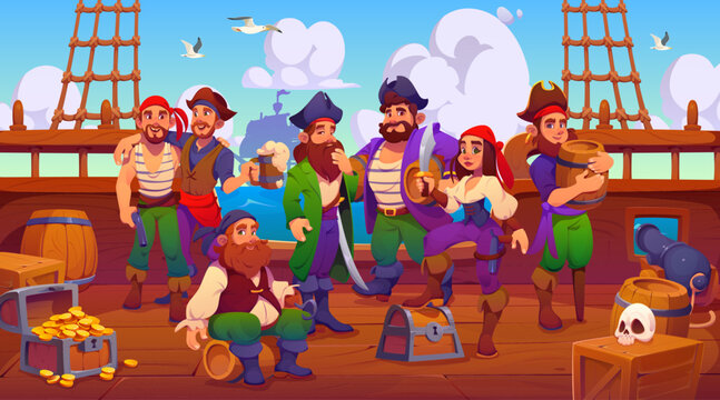 Cartoon pirate and corsair characters on wooden ship deck with treasure chests. Caribbean corsairs crew at sailboat drinking rum from pints and barrels, pirate captain and boatswain sailor characters