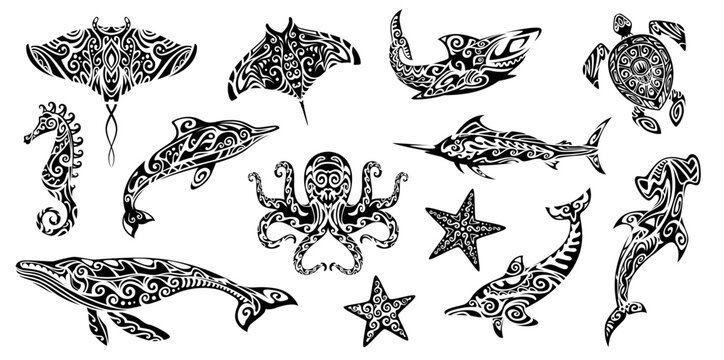 Black maori tribal animal tattoo with vector silhouettes of sea turtle, shark, manta ray and fish with polynesian tribal geometric pattern. Whale, dolphin, stingray, octopus and starfish maori tattoos