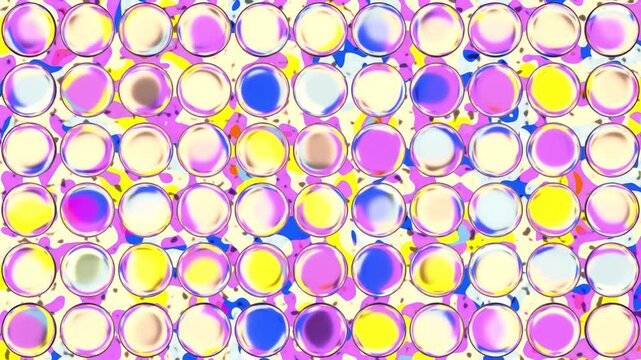 Seamless Loop Playful Anime Candy Glass Bubbles Grid Over Neon Blue Purple Fluid Background Animation