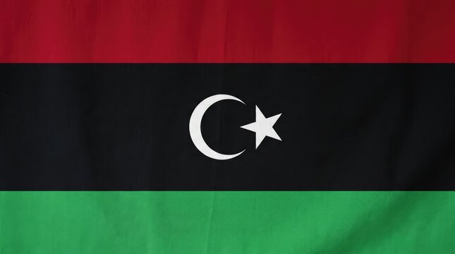 Libyan flag waving proudly, showcasing red, black, and green stripes with a white crescent moon and star