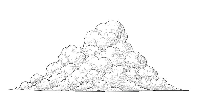 Engraving style sketch of a massive cumulus cloud formation hand drawn with black ink and isolated on a clean white background.