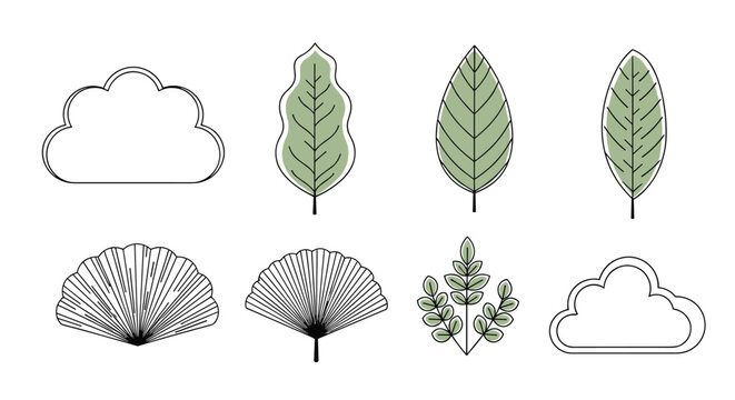 Set of botanical leaf outlines and simple cloud shapes with green and black colors isolated on white background.