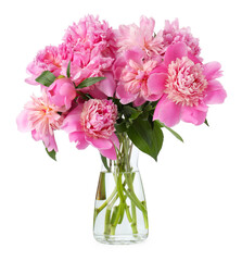 Obraz premium Bouquet of pink peonies with green leaves in vase isolated on white